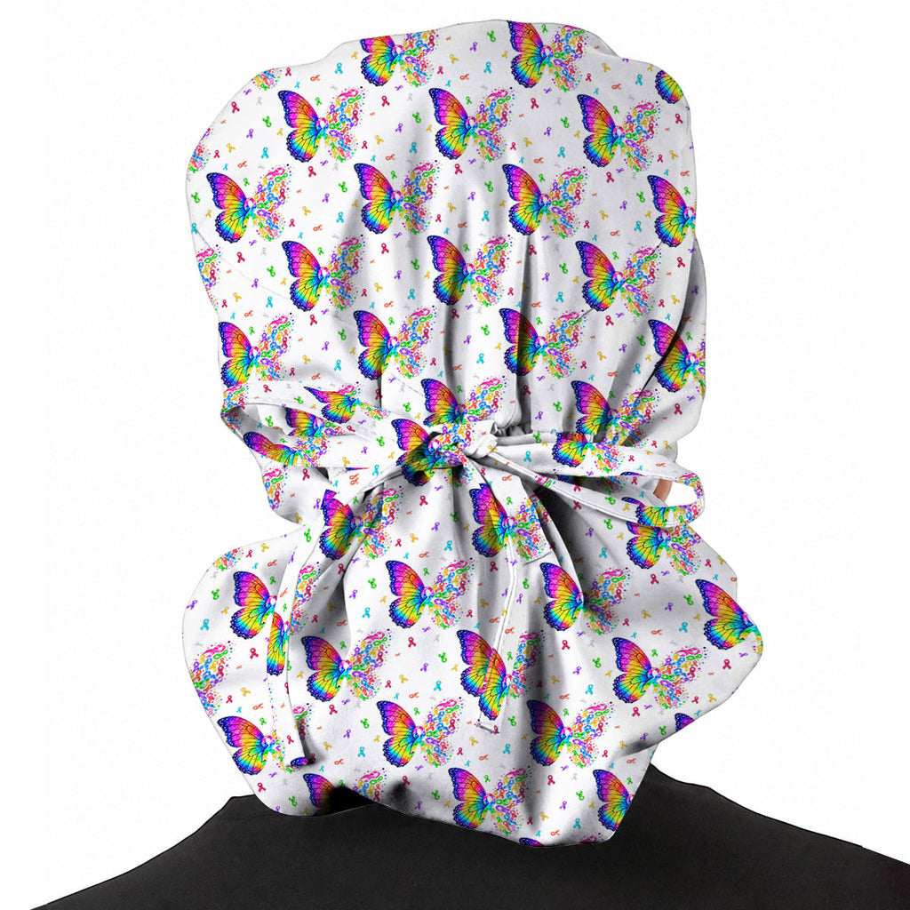 Cancer Awareness Butterfly Pattern Scrub Caps, Colorful Ribbon Nurse Scrubs, Healthcare Worker Awareness Scrub Cap