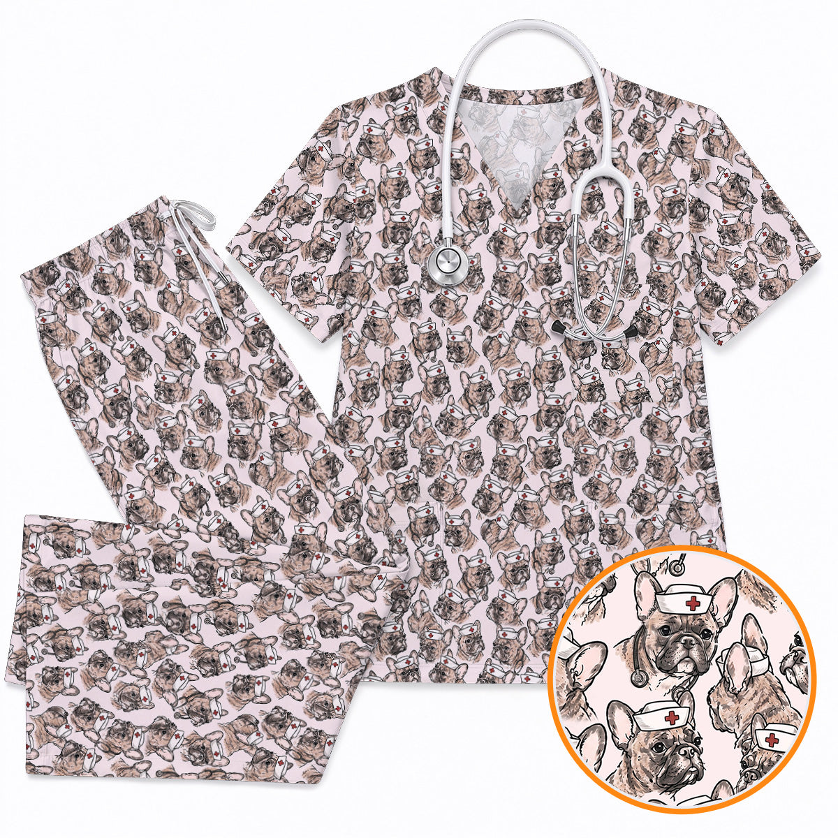 French Bulldog Nurse Scrub Top, Vintage Frenchie Medical Pattern Scrubs for Nurses, Cute Dog Lover Healthcare Gift