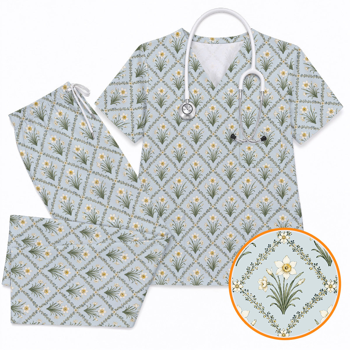 Elegant Daffodil Scrub Top, Vintage Daffodil Floral Nurse Scrubs Uniform, Spring Flower Gift For Nurses (Copy)