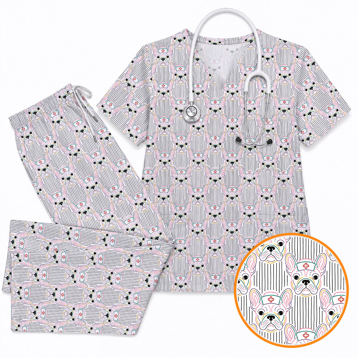 French Bulldog Nurse Scrub Top, Cute Frenchie Medical Pattern Scrubs, Dog Lover Gift for Nurses & Healthcare Workers