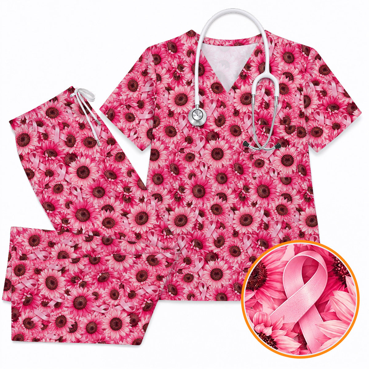 Breast Cancer Awareness Floral Scrub Top, Pink Ribbon Pattern Nurse Scrubs, Breast Cancer Nursing Uniform