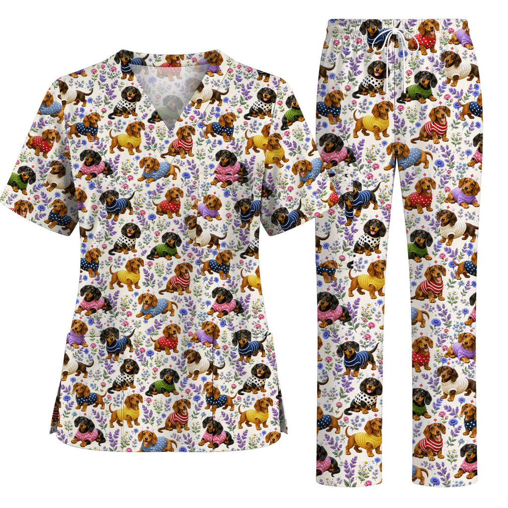 Dachshund Floral Nurse Scrub Top, Cute Wiener Dog Pattern Scrubs for Nurses, Dog Lover Healthcare Gift