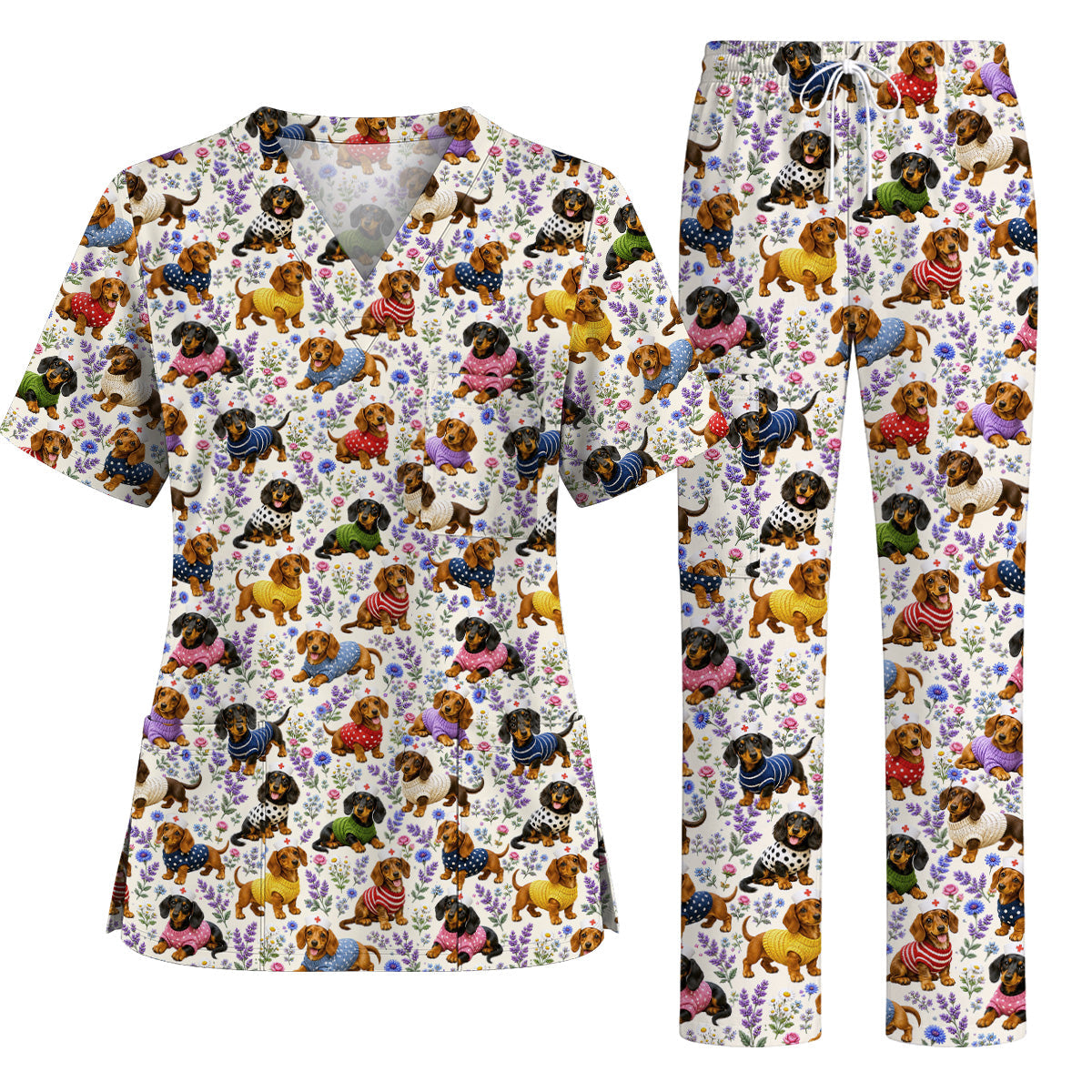 Dachshund Floral Nurse Scrub Top, Cute Wiener Dog Pattern Scrubs for Nurses, Dog Lover Healthcare Gift