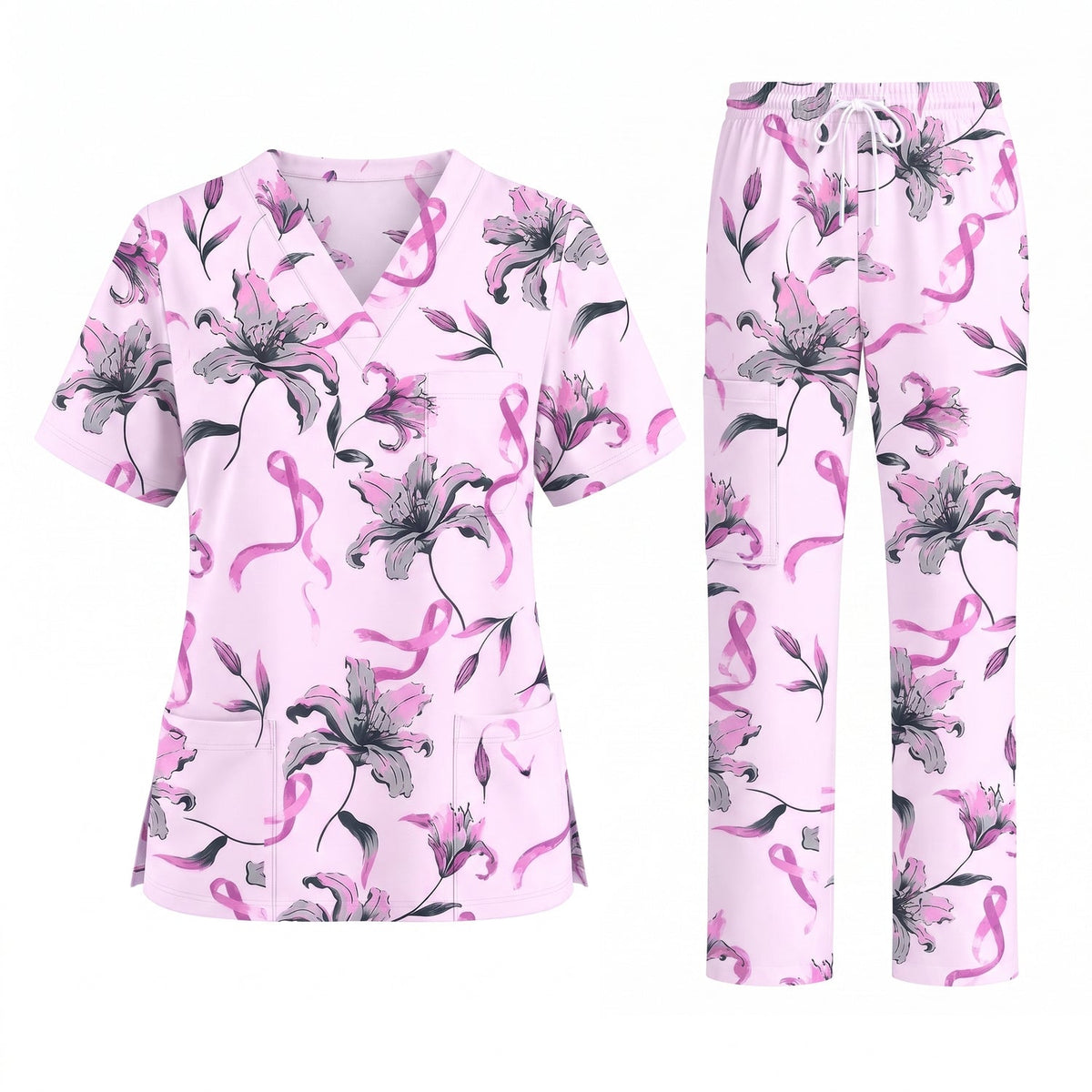 Breast Cancer Awareness Scrub Top for Women, Pink Ribbon Lily Floral Nursing Uniform, Support Breast Cancer Warrior Gift