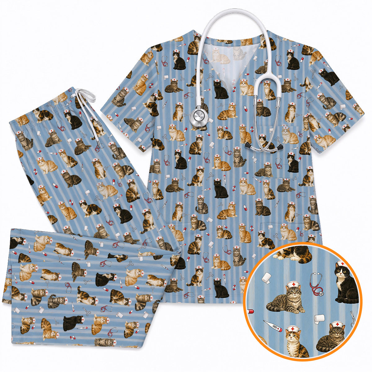 Nurse Cat Scrub Top, Cat Lover Medical Nurse Uniform for Veterinary & Healthcare Workers, Comfortable Feline Nursing Scrubs