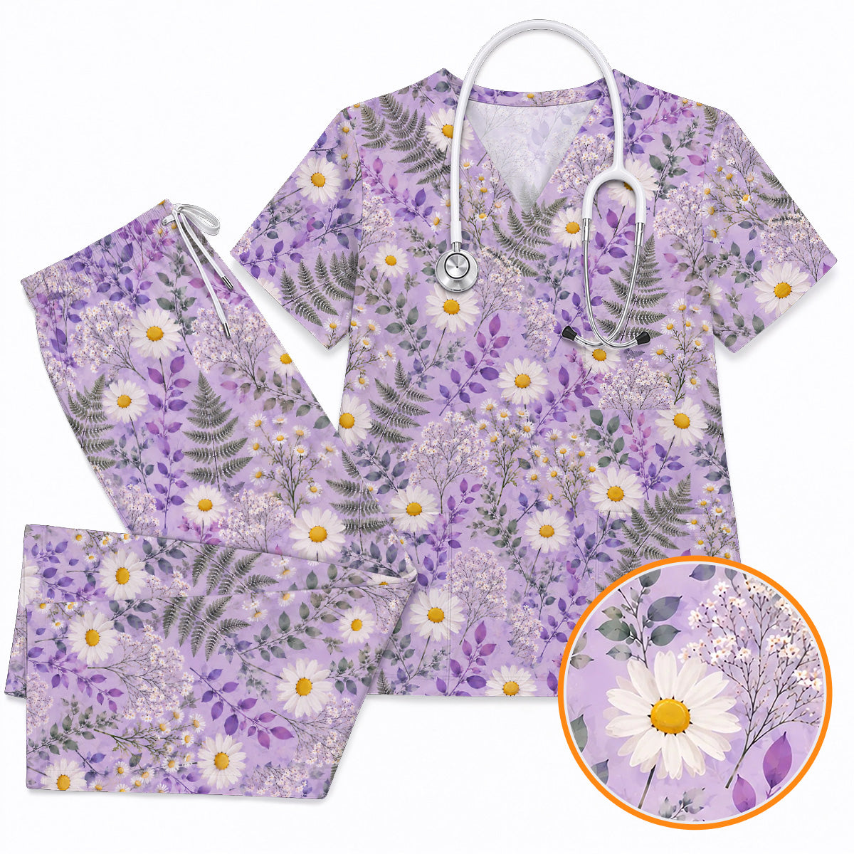 Purple Daisy Floral Scrub Top, Lavender Botanical Nurse Shirt, Wildflower Healthcare Uniform