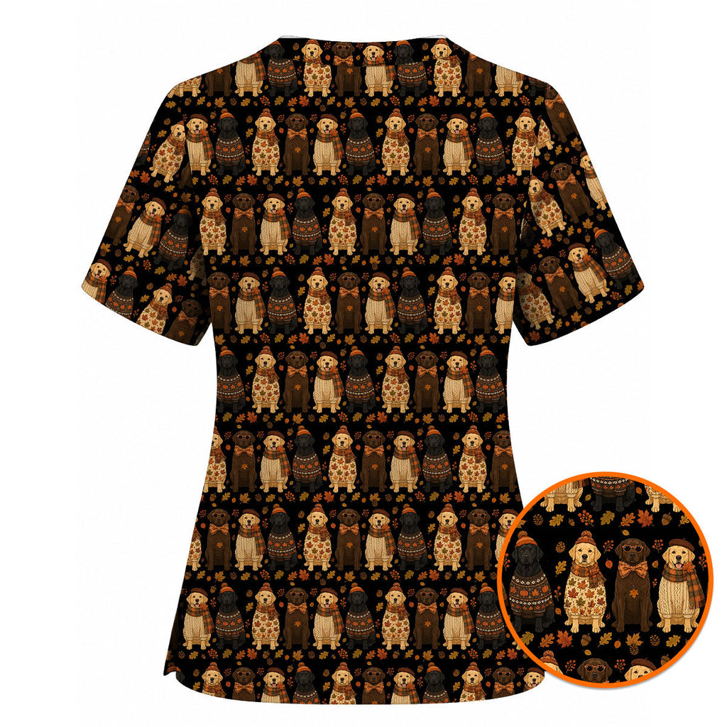 Autumn Dachshund Scrub Top, Wiener Dog Fall Nursing Uniform for Dog Lovers, Comfortable Scrubs for Nurses
