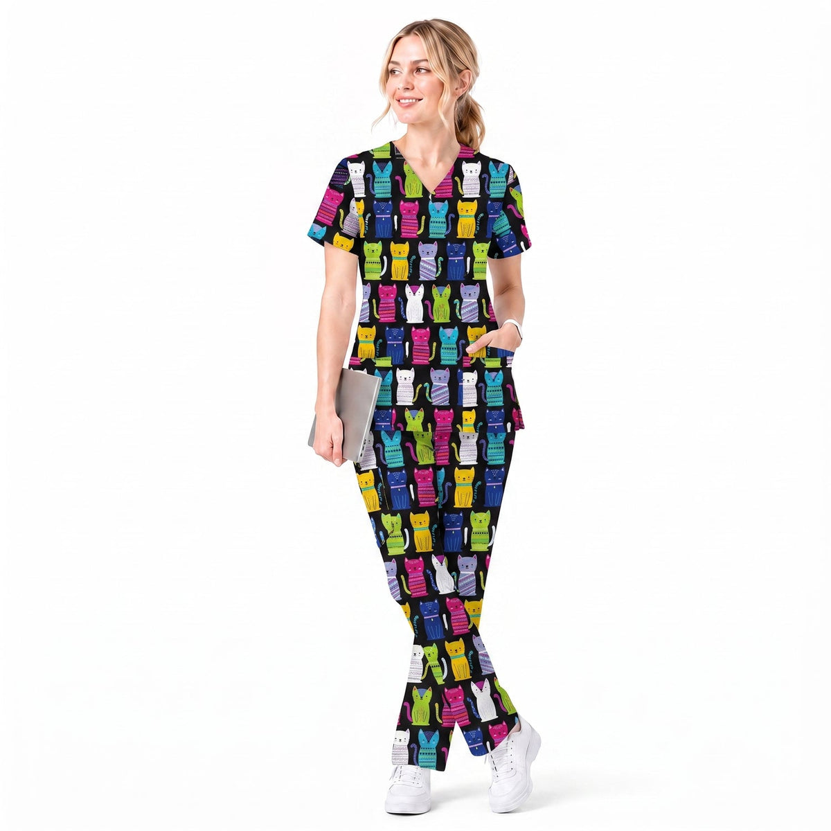 Funny Cat Scrub Top for Women, Cute Rainbow Cats Nursing Uniform, Gift for RN LPN CNA Veterinary Healthcare Professionals