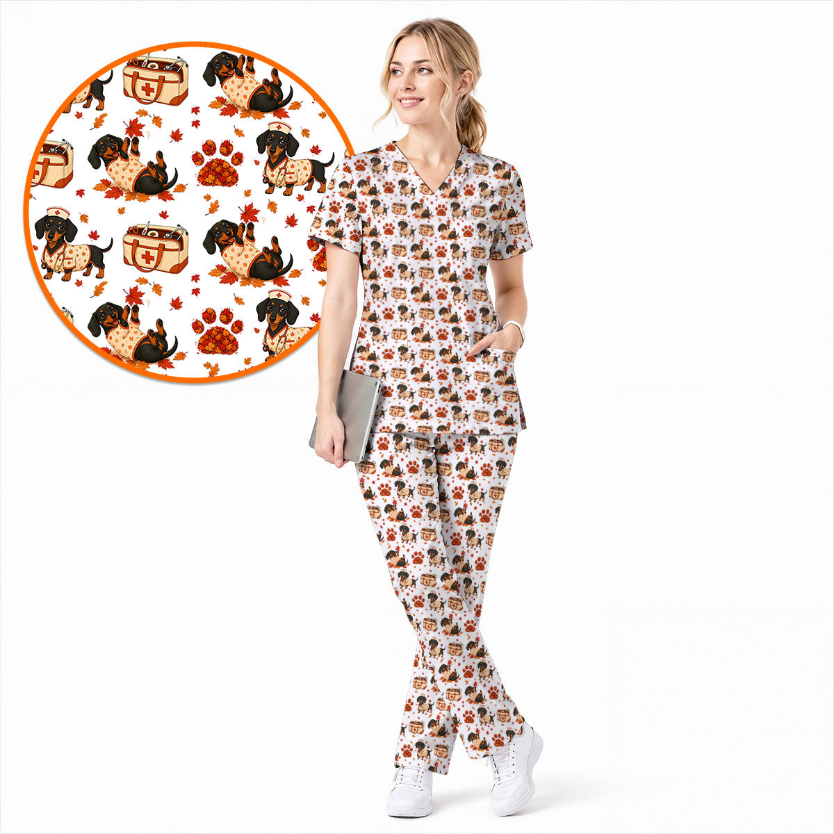 Fall Dachshund Scrub Top, Autumn Wiener Dog Nurse Uniform for Veterinary Professionals, Breathable Fabrics Nursing Scrubs for Dog Lovers