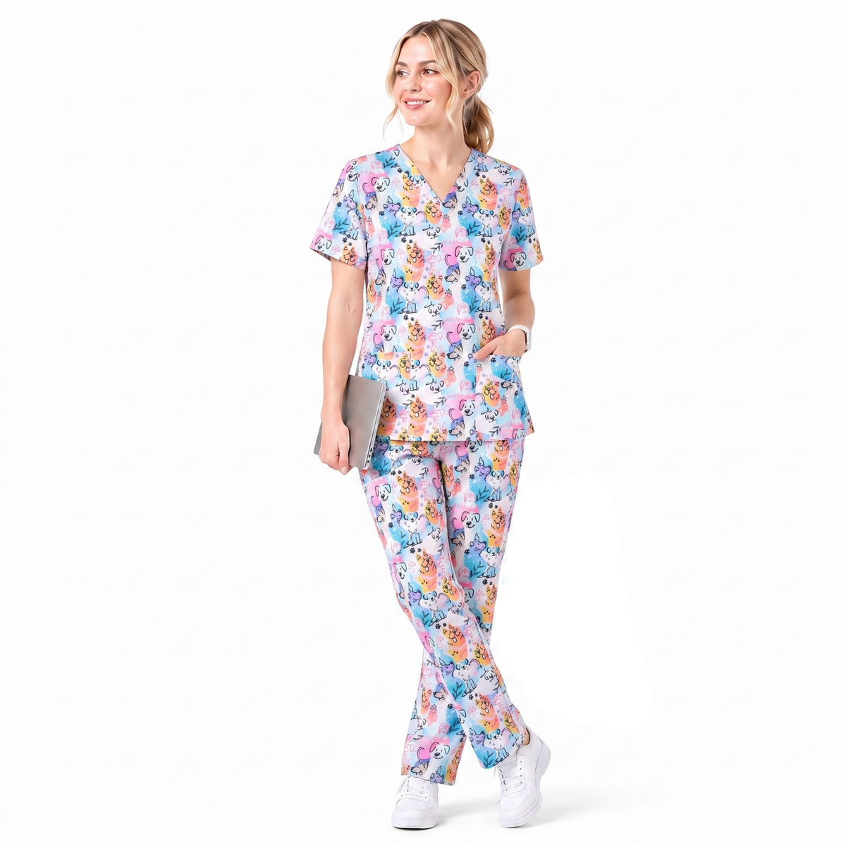 Cute Dog Pattern Scrub Top for Women, Colorful Cartoon Dogs Nursing Uniform, Funny Puppy Print Medical Scrub Shirt, Breathable Veterinary & Nurse Scrubs Gift
