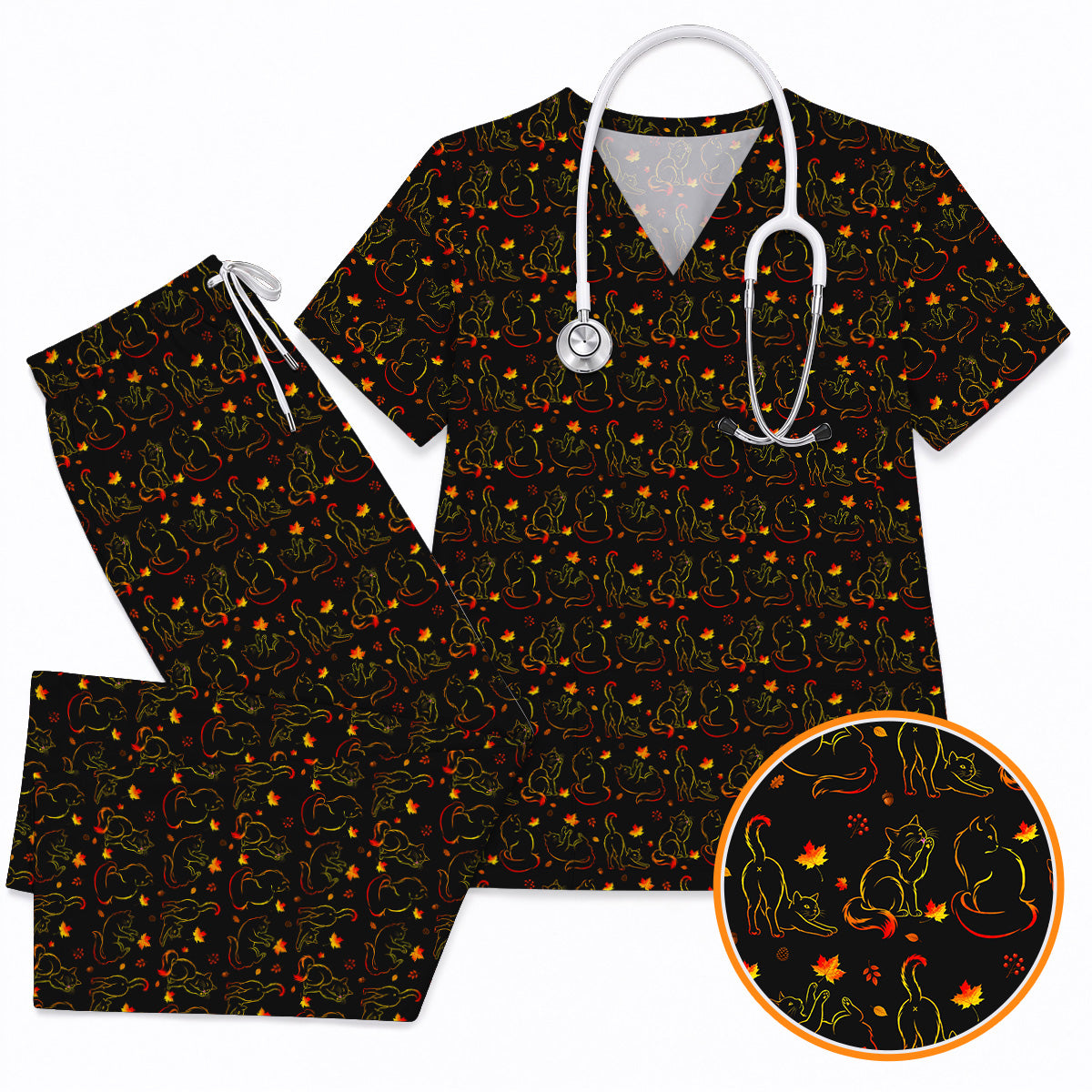Autumn Black Cat Scrub Top, Fall Cat Nursing Uniform for Cat Lovers, Comfortable Feline Medical Scrubs For Nurse