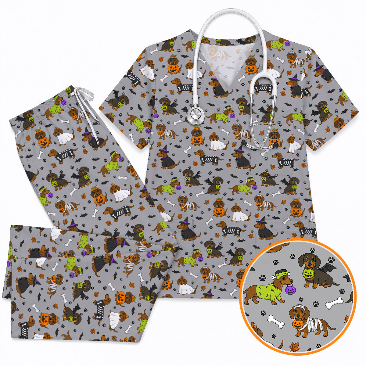 Halloween Dachshund Scrub Top, Cute Dachshund Nurse Scrubs for Dog Lovers, Funny Wiener Dog Medical Uniform
