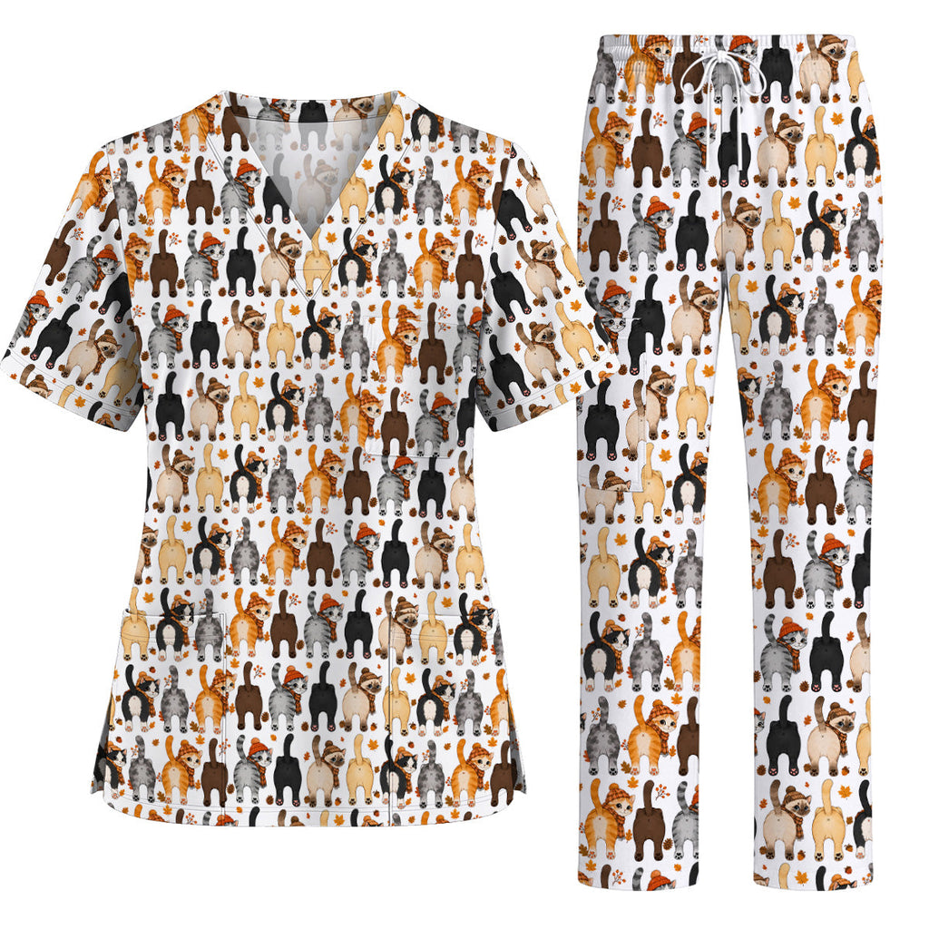 Funny Autumn Cat Scrub Top, Cozy Fall Cat Scrubs Nurse for Cat Lovers, Breathable Fabrics Nursing Uniform