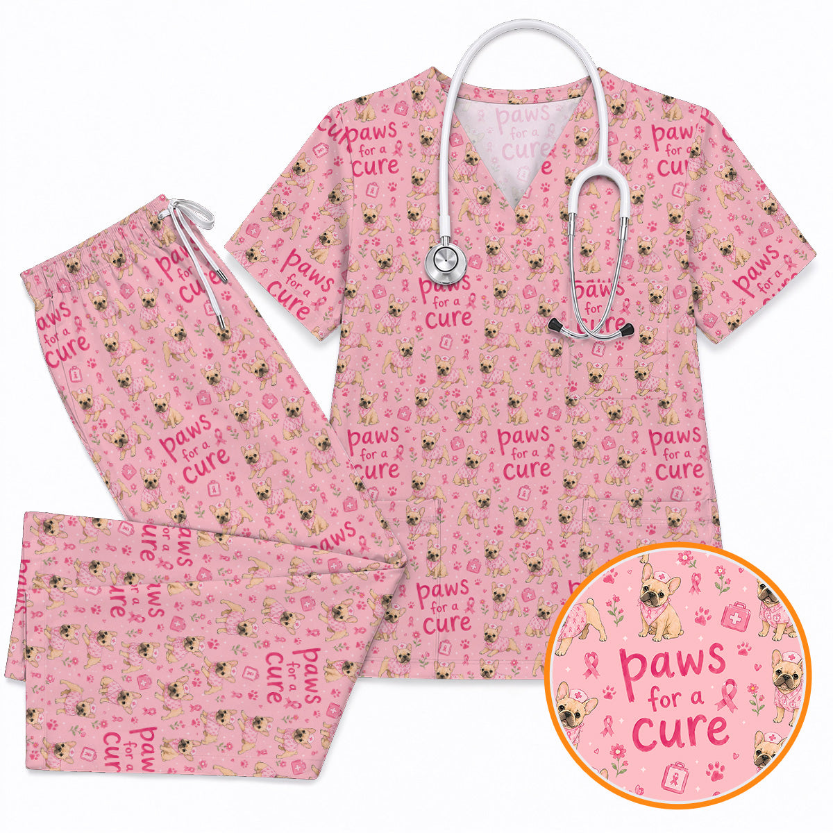 Breast Cancer French Bulldog Scrub Top, Paws for a Cure Nursing Uniform, Pink Nurse Scrubs for Dog Lovers
