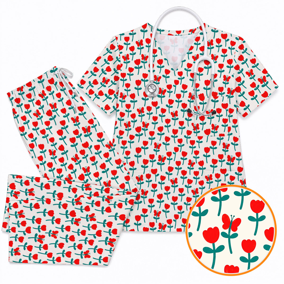 Playful Tulip Scrub Top, Colorful Tulip Butterfly Nurse Scrubs Uniform, Spring Floral Gift For Nurses