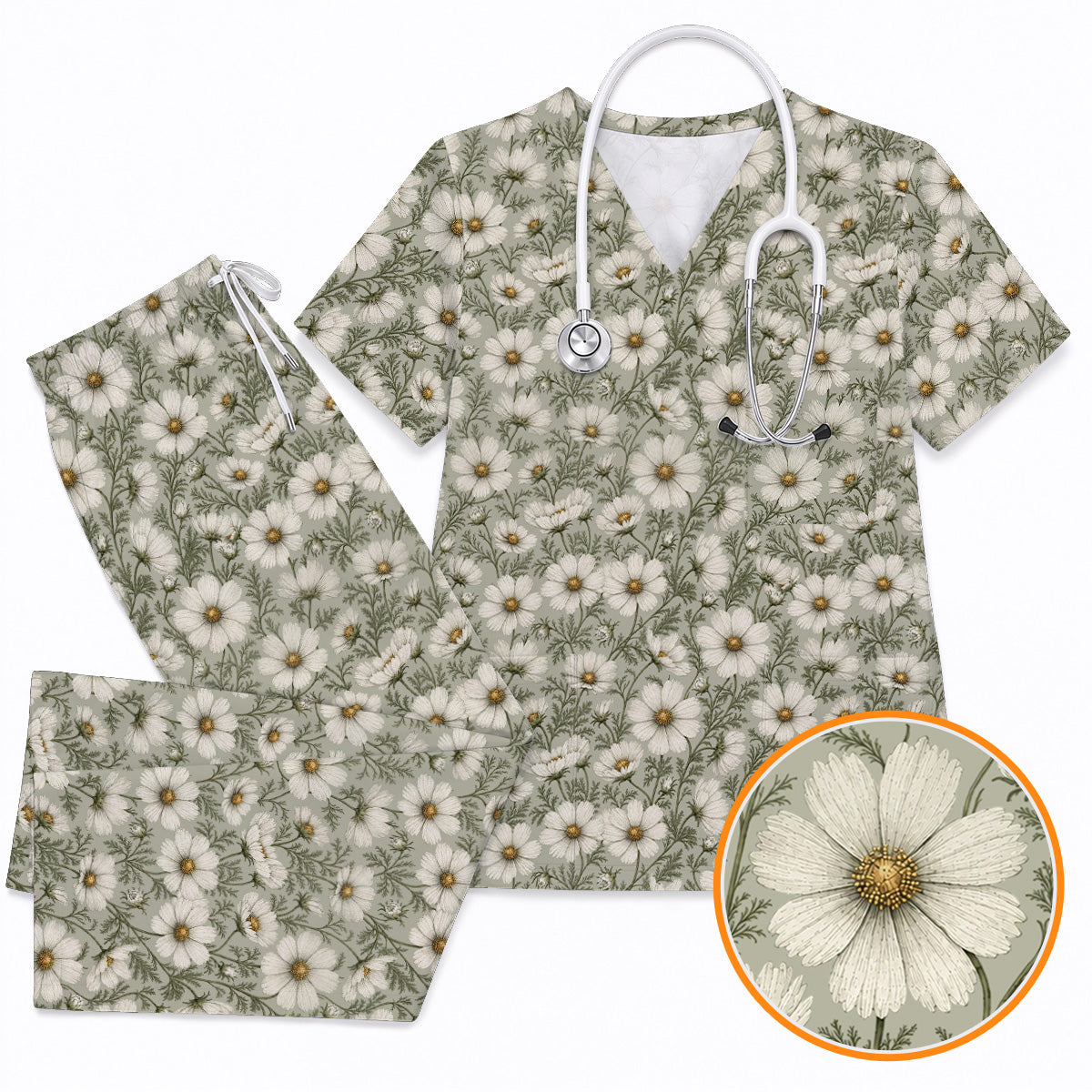 Cosmos Floral Scrub Top, Vintage Cosmos Flower Print Scrubs, Botanical Nurse Uniform