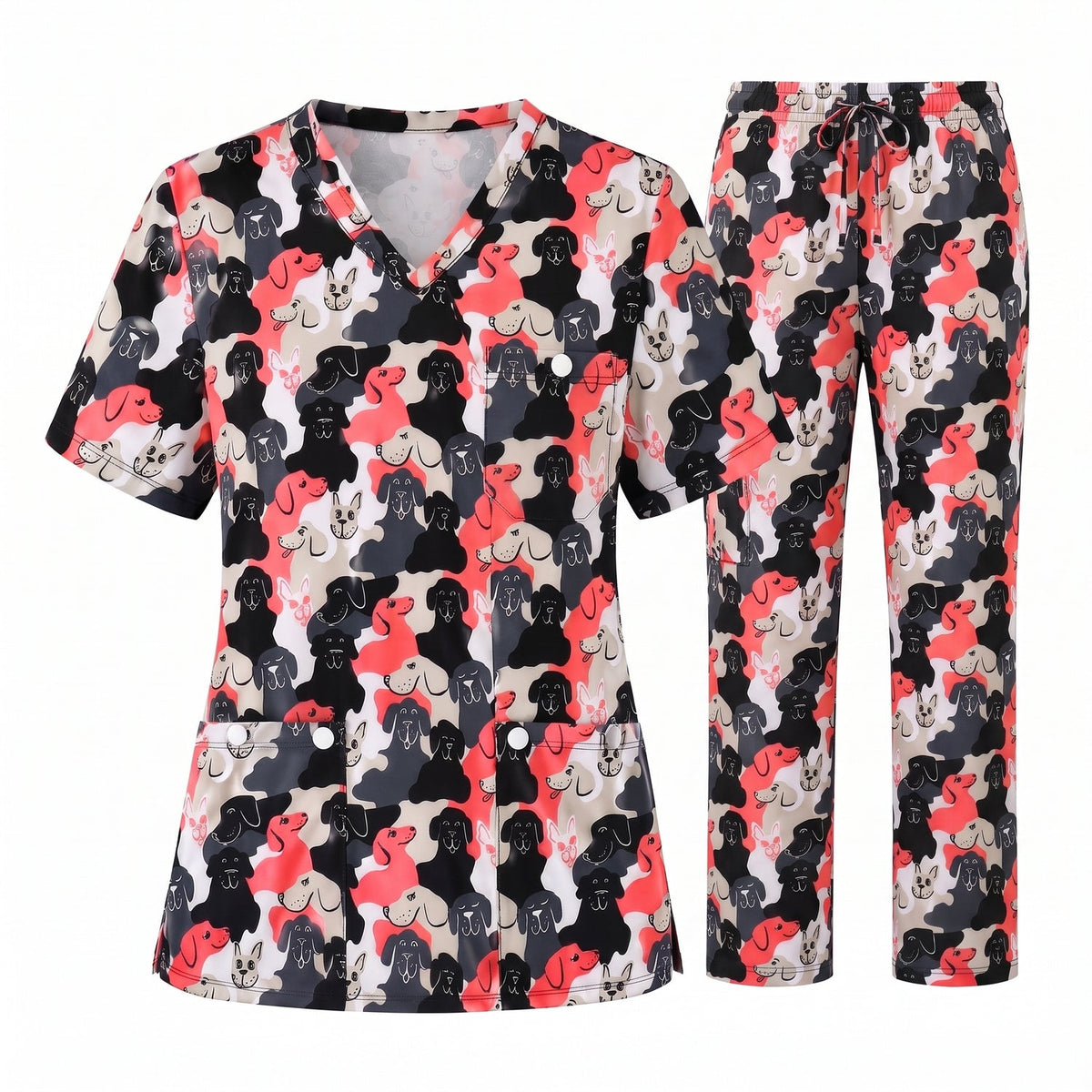 Cute Dog Pattern Scrub Top, Cartoon Puppy Nursing Scrub for Women, Breathable Veterinary Medical Uniform