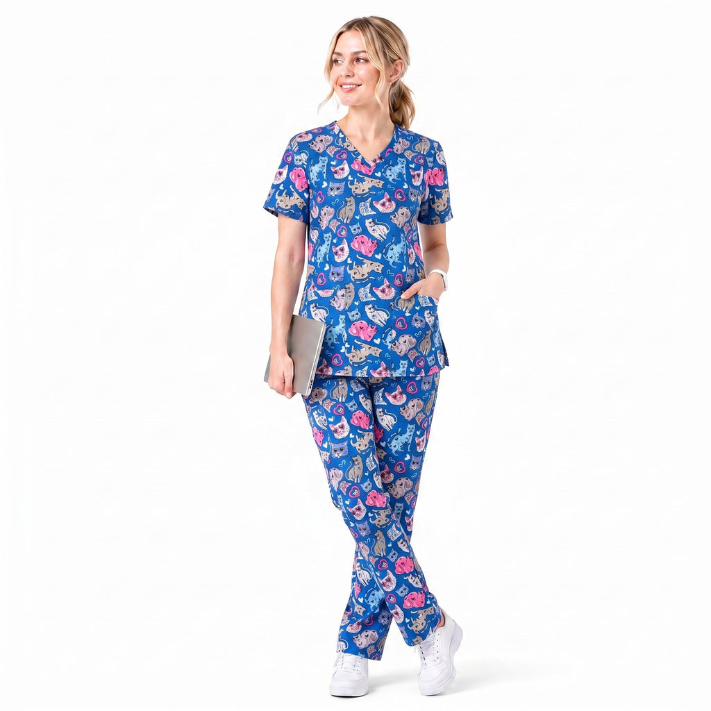 Essence I Love Kitties Scrub Top, Funny Cats Scrub Top for Women, Breathable Fabrics Nursing Uniform