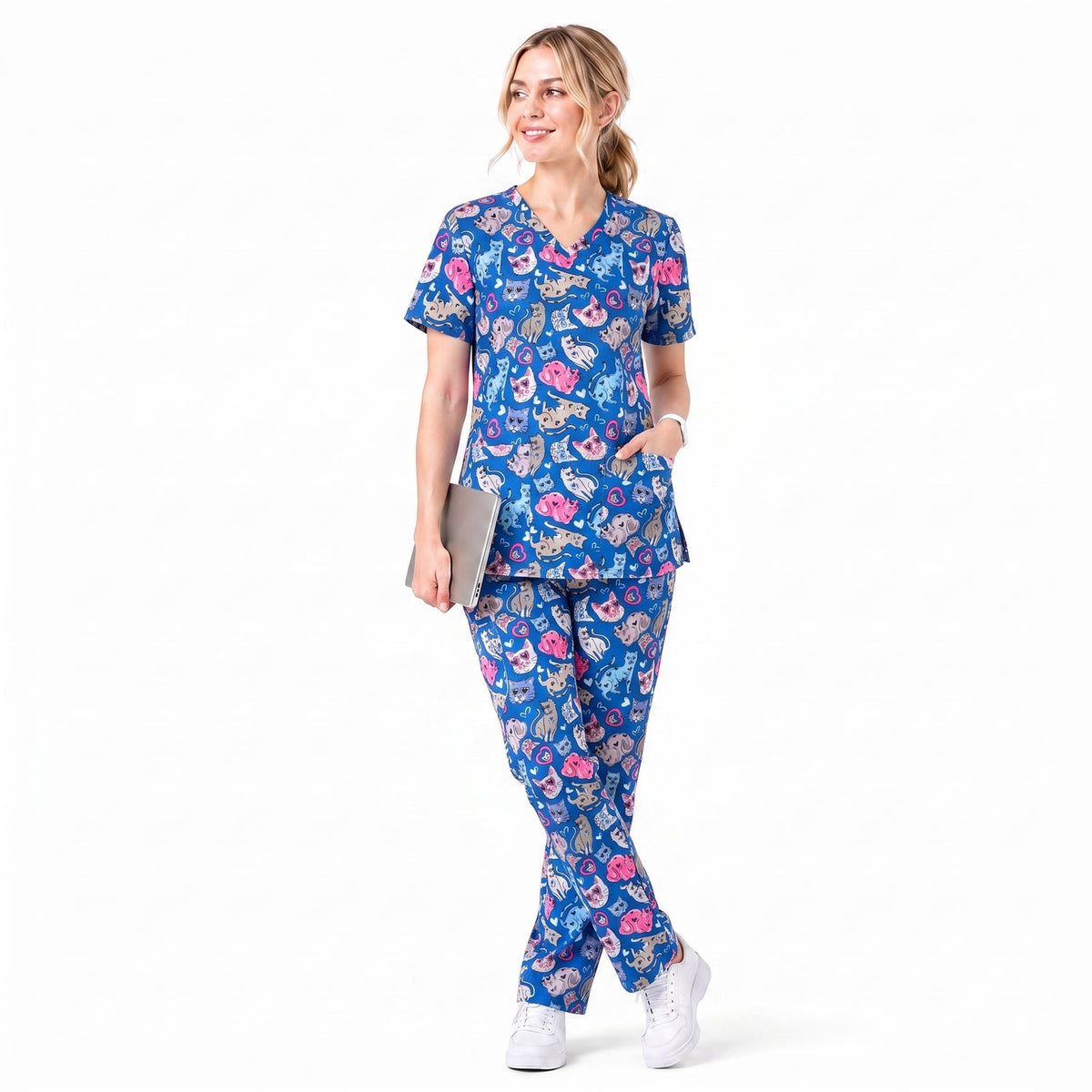 Essence I Love Kitties Scrub Top, Funny Cats Scrub Top for Women, Breathable Fabrics Nursing Uniform