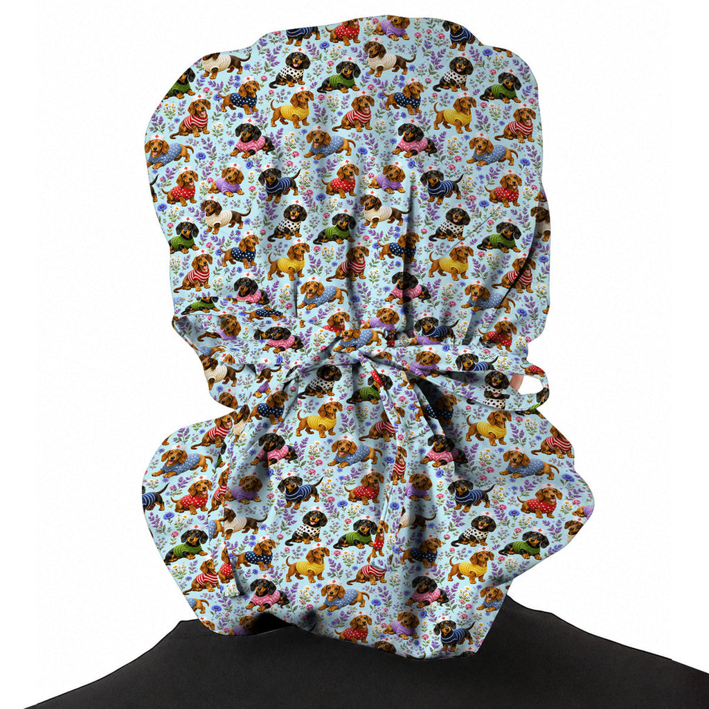 Dachshund Floral Nurse Scrub Cap, Cute Wiener Dog Pattern Scrubs for Nurses, Dog Lover Healthcare Gift