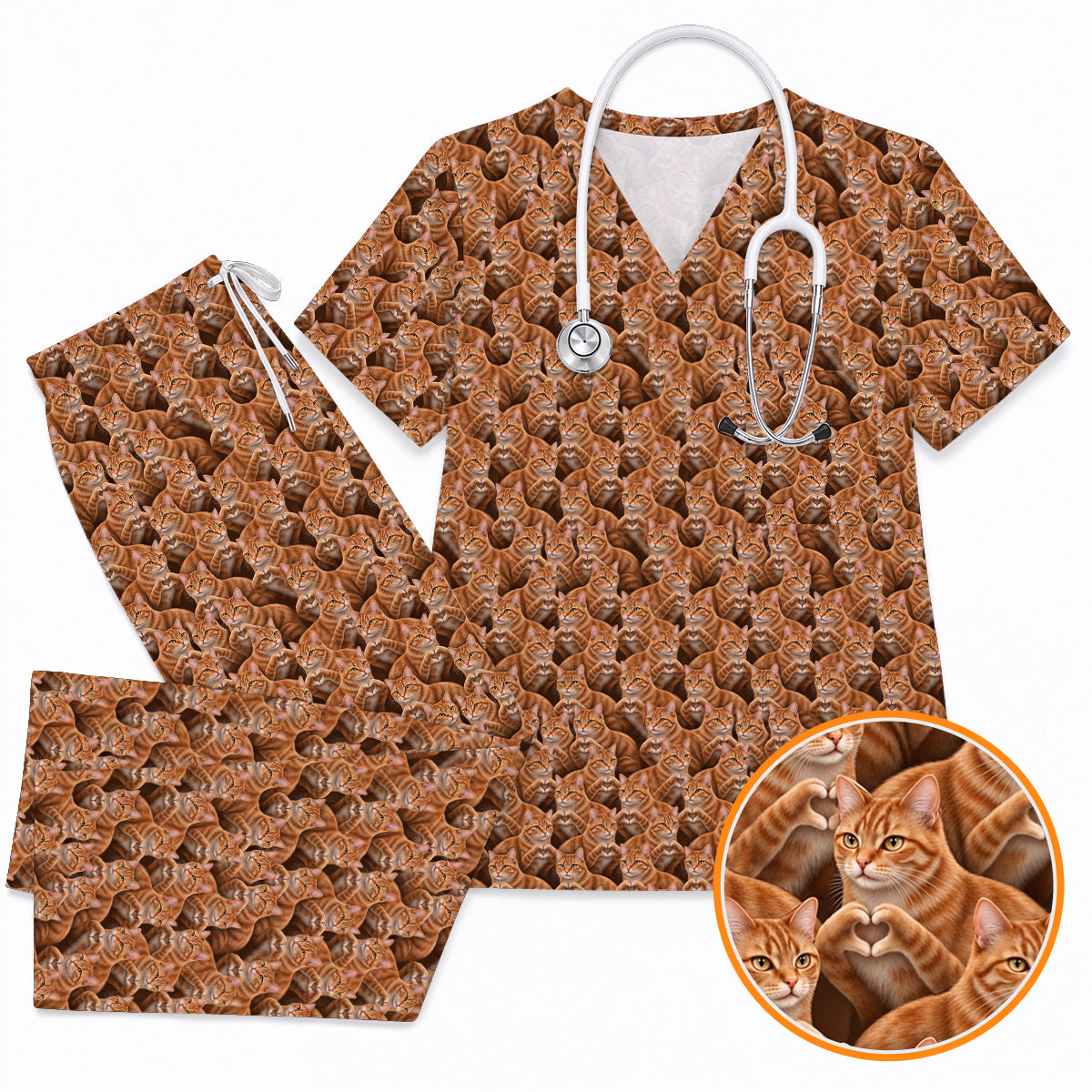 Orange Tabby Cat Pattern Scrub Top, Ginger Cat Nurse Scrubs For Cat Lover, Breathable Fabrics Nursing Uniform