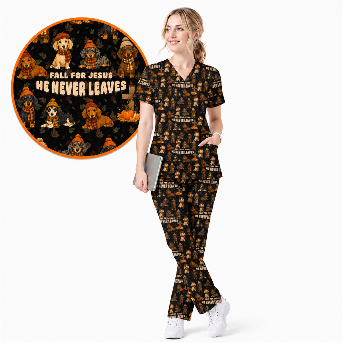 Autumn Dachshund Scrub Top, Wiener Dog Fall Nursing Uniform for Dog Lovers, Comfortable Scrubs for Nurses