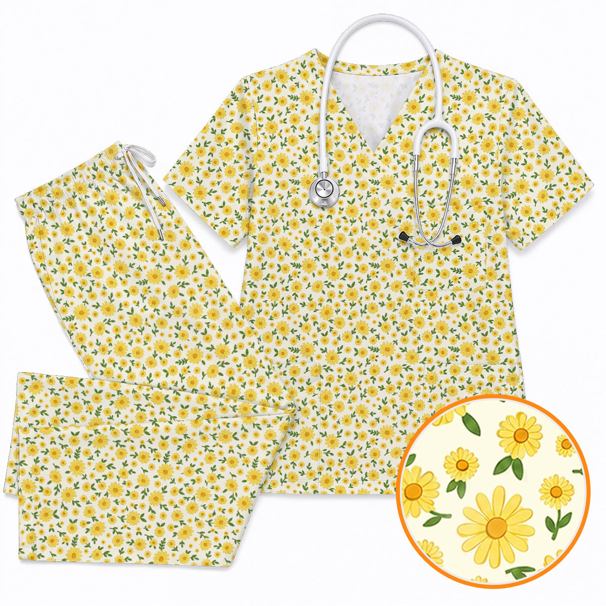 Yellow Daisy Garden Scrub Top, Cheerful Daisy Floral Print Scrubs, Spring Nurse Medical Uniform
