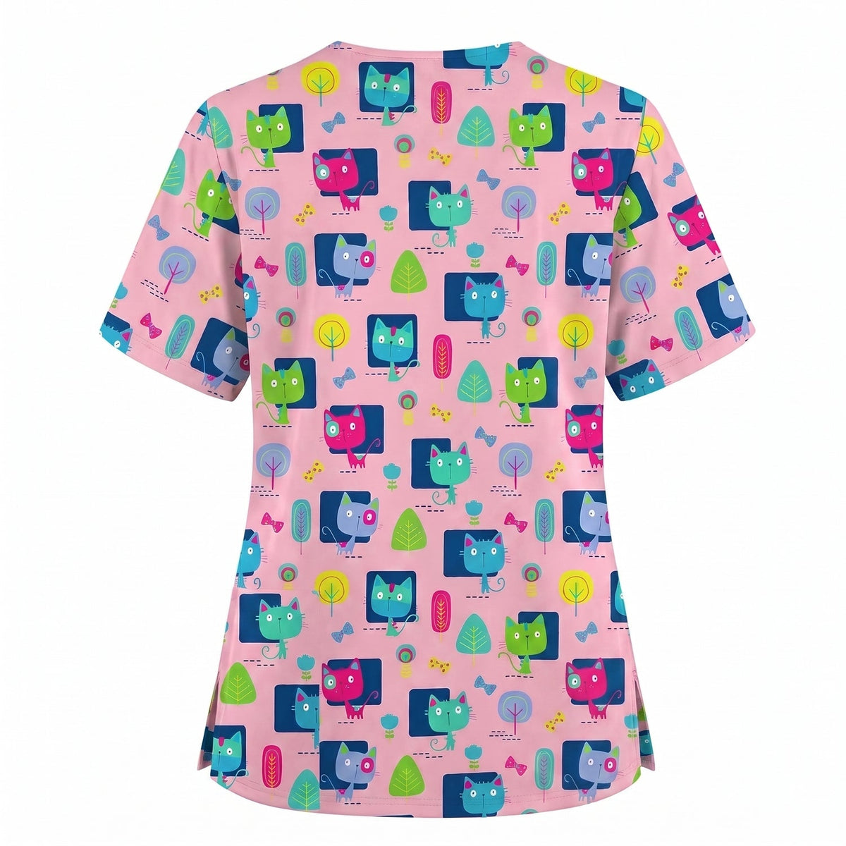 Cute Cat Pattern Scrub Top for Women, Colorful Cartoon Cats Nursing Uniform, Funny Cat Nurse Scrub Shirt, Breathable Medical Scrubs for RN LPN CNA