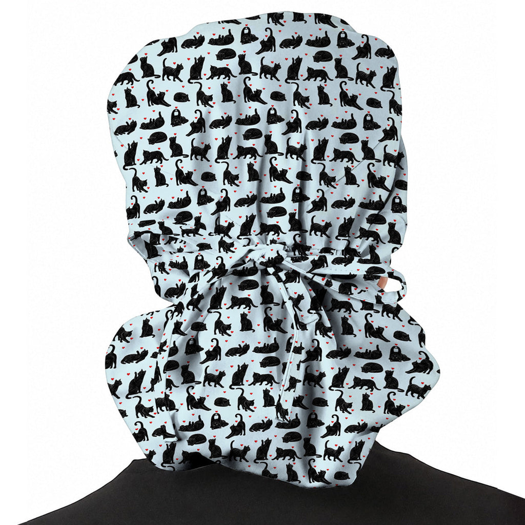 Black Cat Love Scrub Caps, Cute Cat Heart Print Scrubs, Cat Lover Nurse Cap