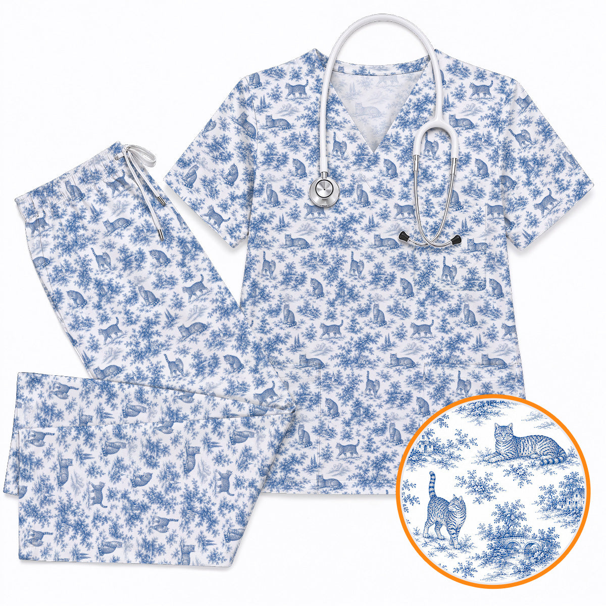 Toile de Jouy Cat Scrub Top, Crazy Cats Pattern Nursing Uniform for Cat Lovers, Vintage Feline Medical Scrubs