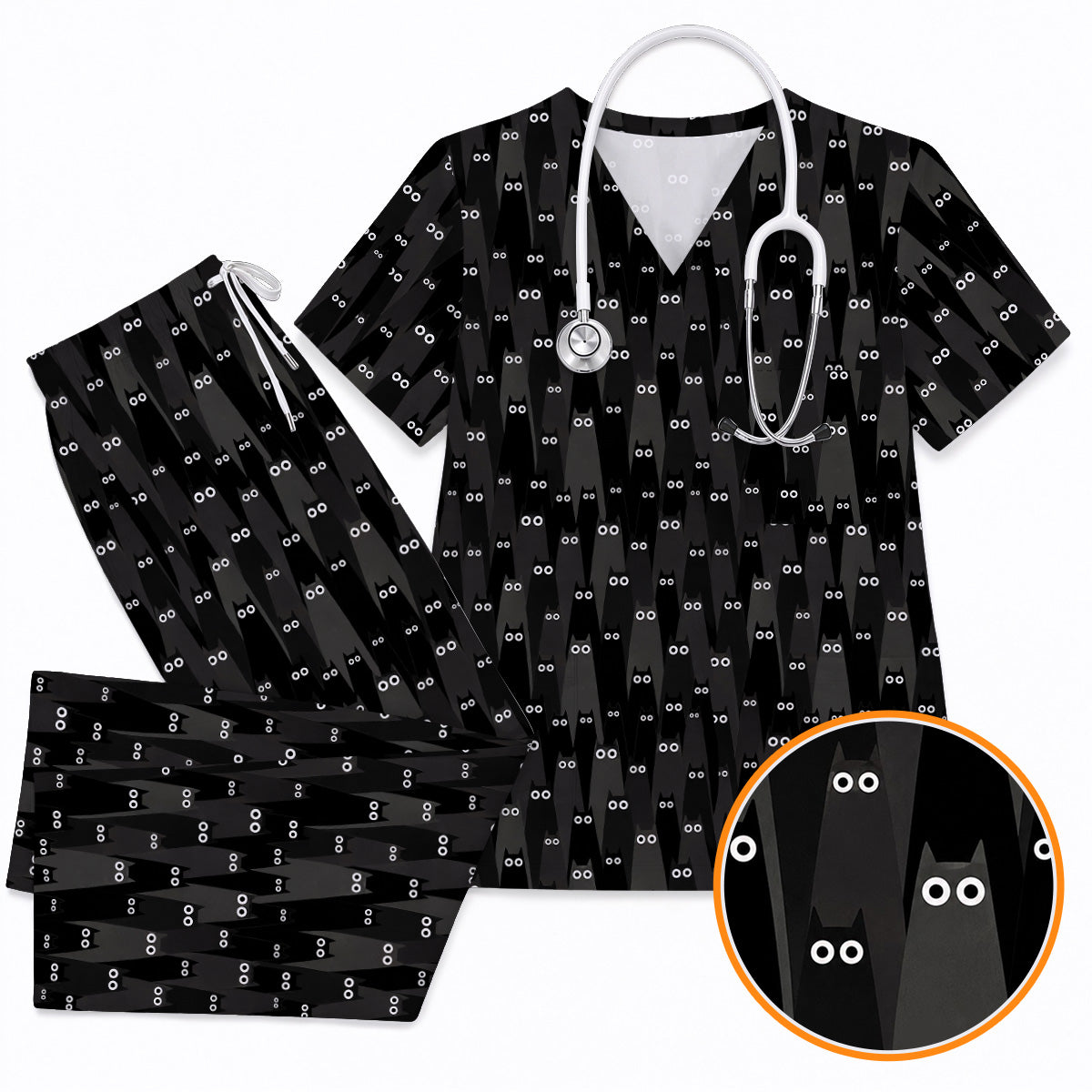 Black Cat Scrub Top, Spooky Cat Print Scrubs, Cute Halloween Nurse Uniform