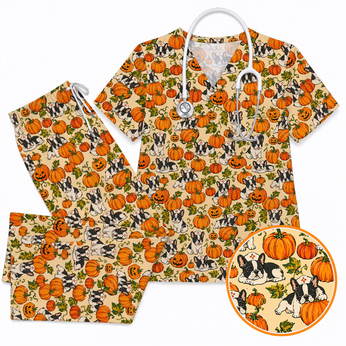 French Bulldog Halloween Nurse Scrub Top, Pumpkin Frenchie Pattern Scrubs, Cute Fall Dog Scrub Shirt for Nurses