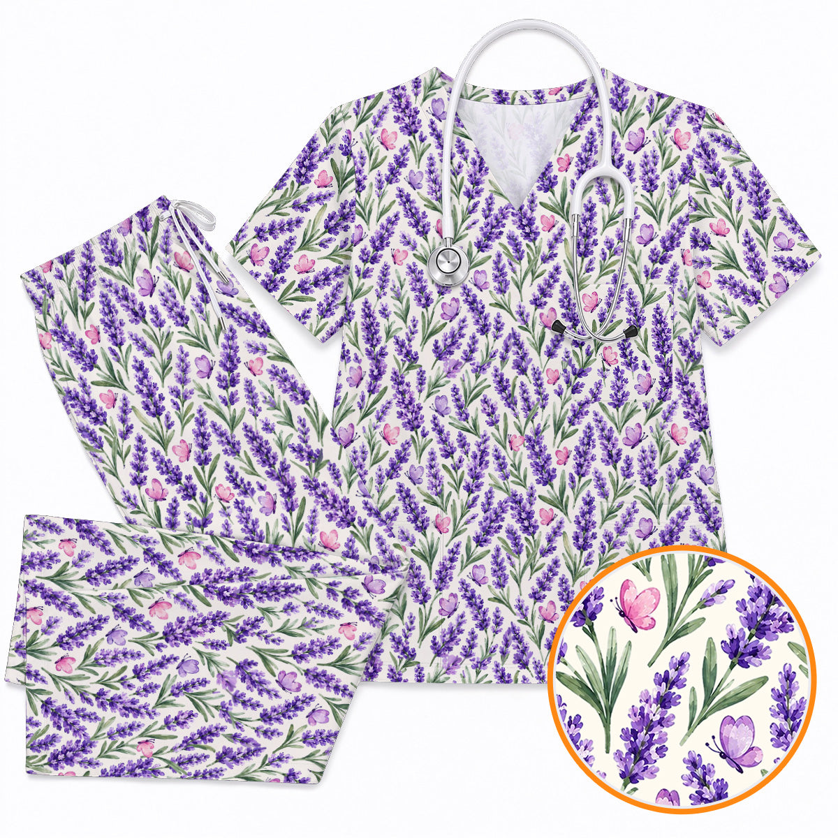 Charming Lavender Scrub Top, Purple Lavender Butterfly Nurse Scrubs Uniform, Botanical Floral Gift For Nurses
