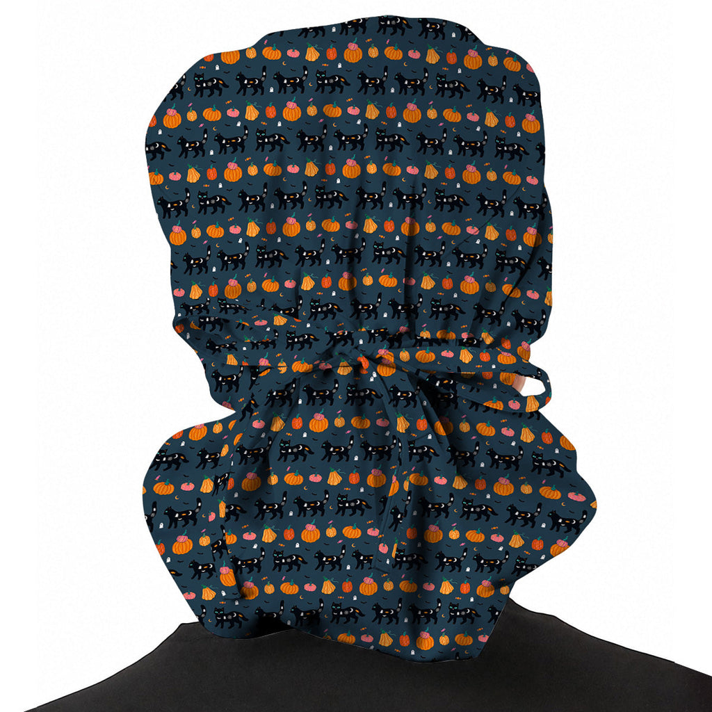 Halloween Black Cat Scrub Caps, Pumpkin Cat Print Scrubs, Spooky Nurse Cap