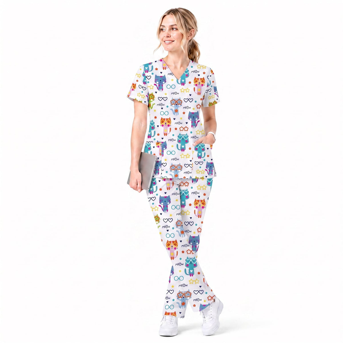 Cat Meow Pattern Scrub Top, Funny Cats Scrub Top for Women, Breathable Fabrics Nursing Uniform