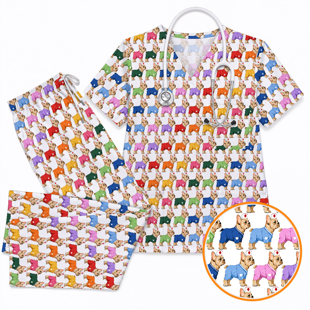 Colorful French Bulldog Nurse Scrub Top, Cute Frenchie Medical Pattern Scrubs for Nurses, Dog Lover Healthcare Gift