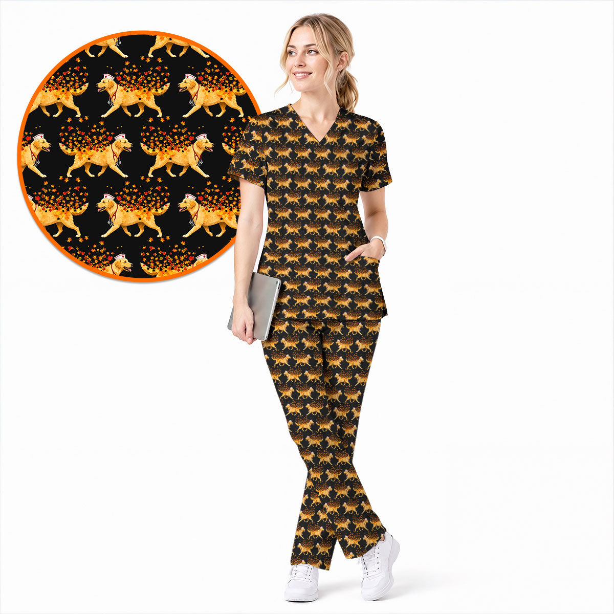 Autumn Labrador Retriever Nurse Scrub Top, Funny Fall Lab Dog Medical Uniform for Veterinary & Healthcare Staff, Comfortable Scrubs for Nurses